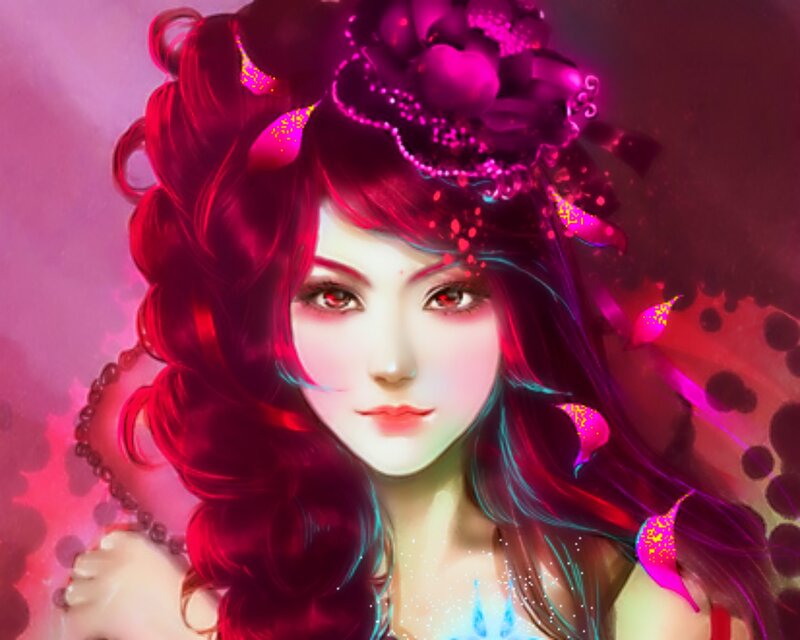 Woman with Red Hair — Dramatic, Digital Art, Flower, Eyes