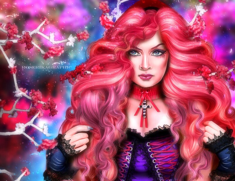 Woman with Red Hair — Dramatic, Digital Art, Flowers, Corset