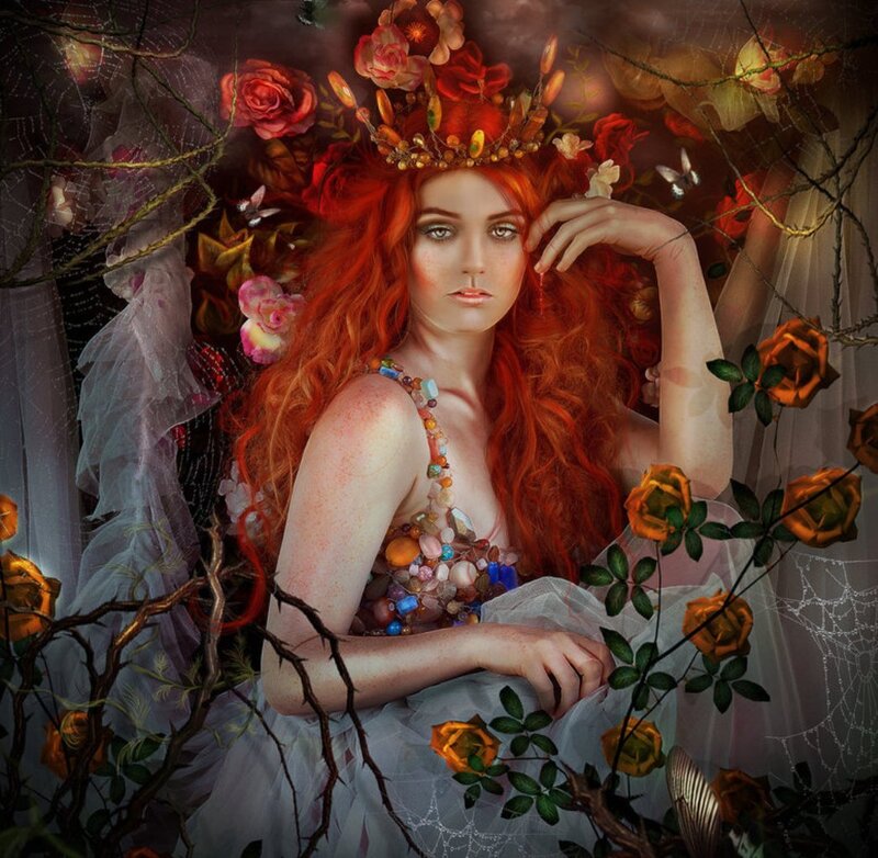 Woman with Red Hair — Dramatic, Digital Art, Flowers, Crown