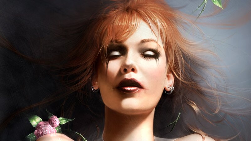 Woman with Red Hair — Dramatic, Digital Art, Flowers, Eyes
