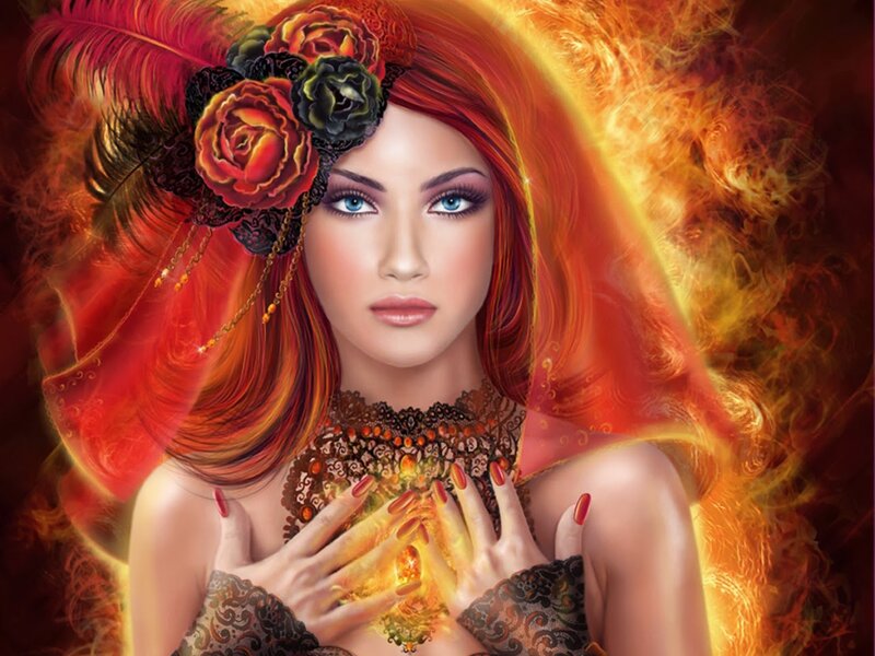 Woman with Red Hair — Dramatic, Digital Art, Flowers, Feathers, Fire