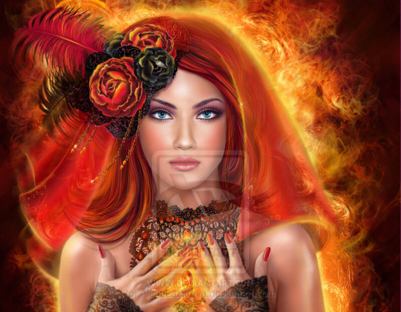 Woman with Red Hair — Dramatic, Digital Art, Flowers, Feathers