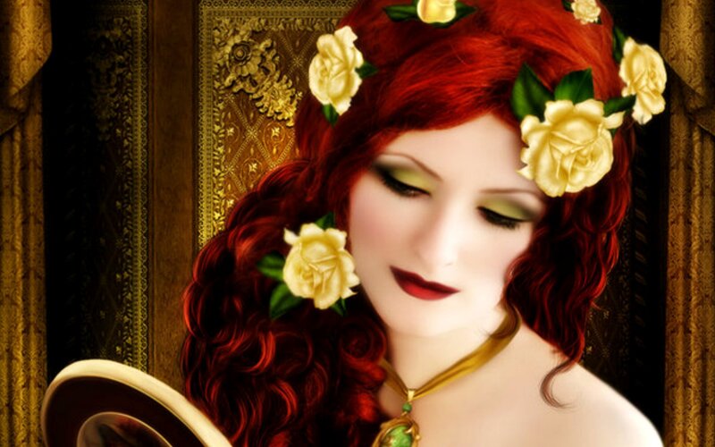 Woman with Red Hair — Dramatic, Digital Art, Flowers, Mirror, Curtains
