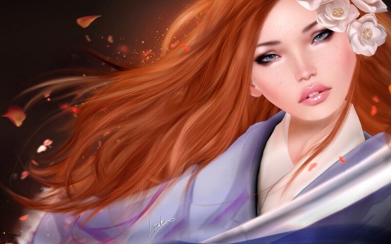 Woman with Red Hair — Dramatic, Digital Art, Flowers, Petals
