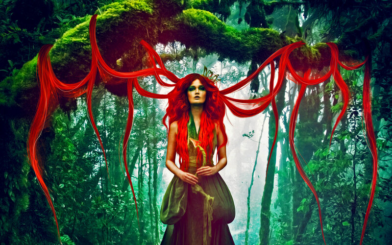 Woman with Red Hair — Dramatic, Digital Art, Forest, Moss
