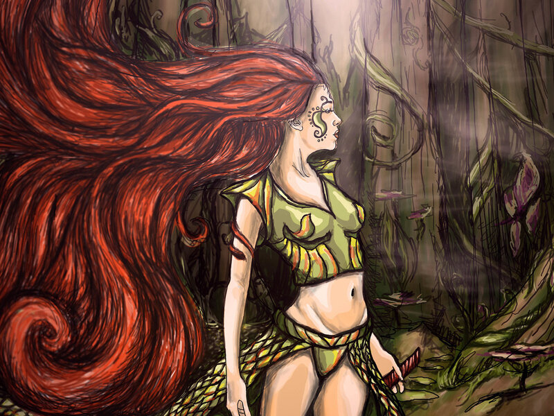 Woman with Red Hair — Dramatic, Digital Art, Forest