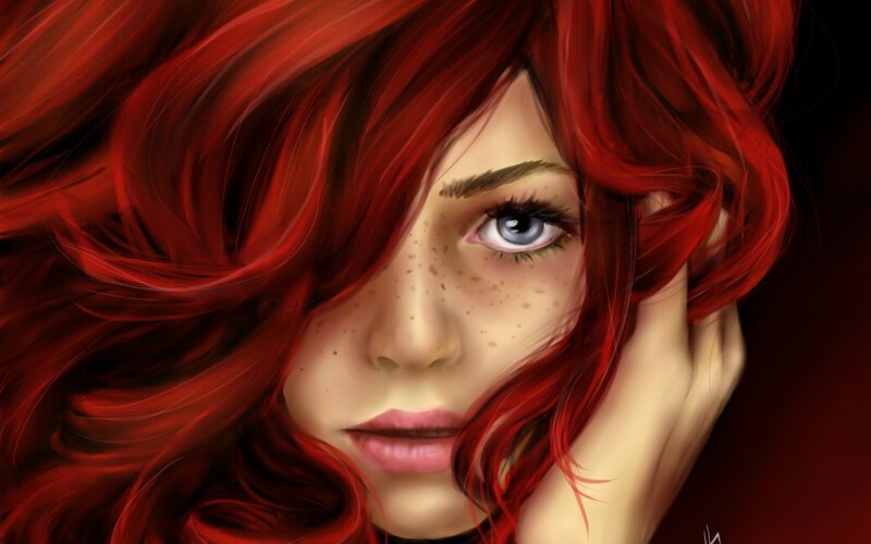 Woman with Red Hair — Dramatic, Digital Art, Freckles, Blue Eye