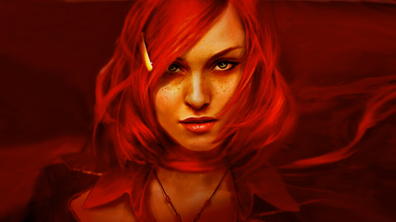 Woman with Red Hair — Dramatic, Digital Art, Freckles