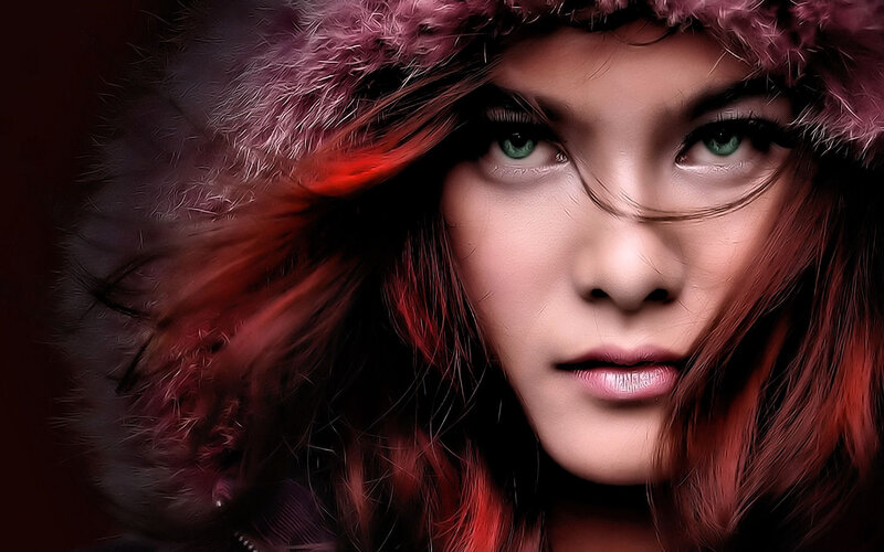 Woman with Red Hair — Dramatic, Digital Art, Fur Hood