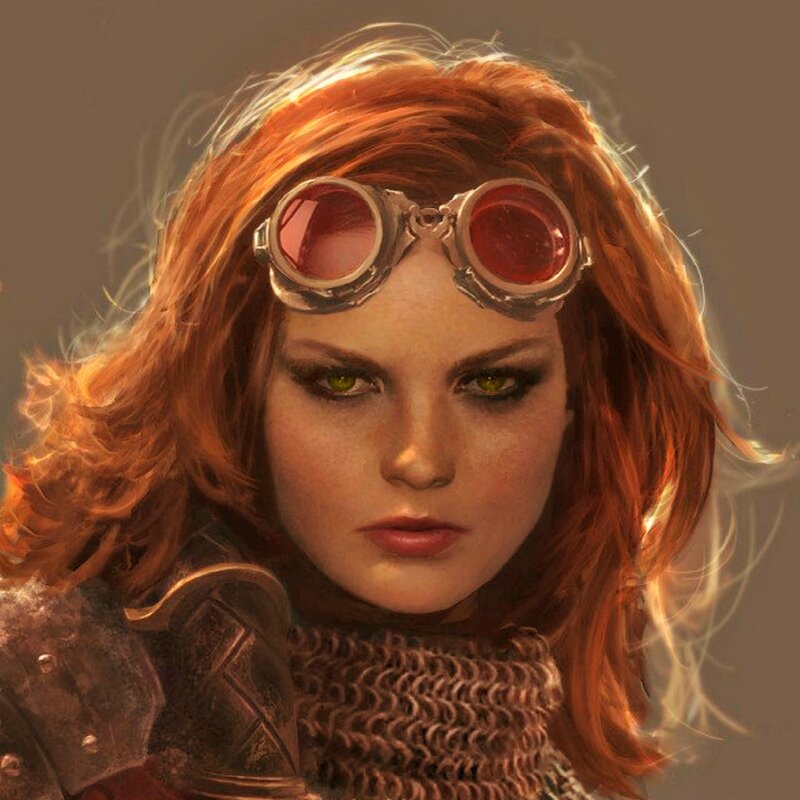 Woman with Red Hair — Dramatic, Digital Art, Goggles, Chainmail