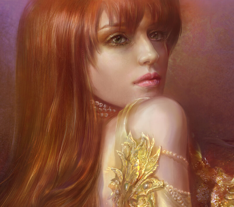 Woman with Red Hair — Dramatic, Digital Art, Gold Armor, Pearl Necklace