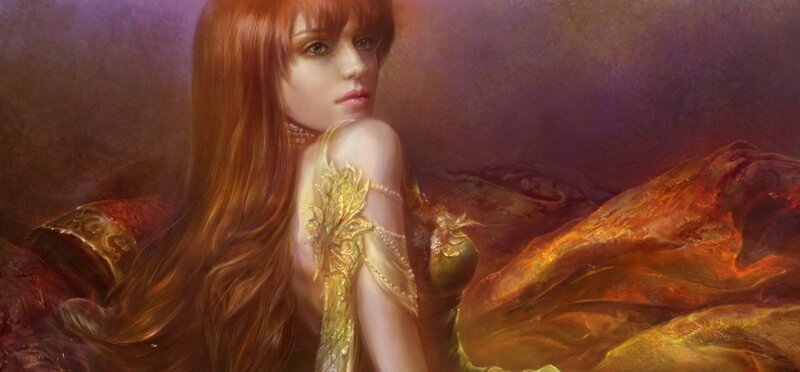 Woman with Red Hair — Dramatic, Digital Art, Gold Jewelry
