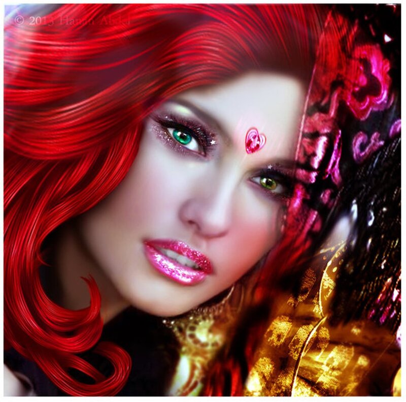 Woman with Red Hair — Dramatic, Digital Art, Green Eyes, Glitter Makeup