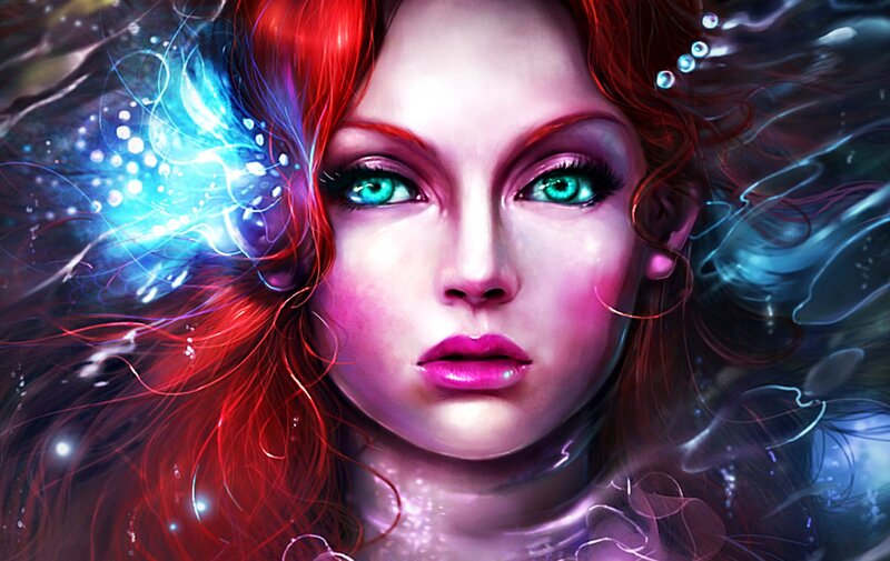 Woman with Red Hair — Dramatic, Digital Art, Green Eyes, Glowing Particles