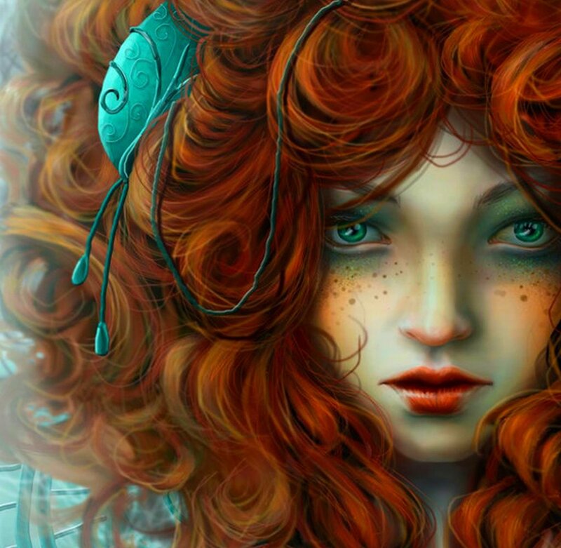 Woman with Red Hair — Dramatic, Digital Art, Green Eyes, Hair Accessory
