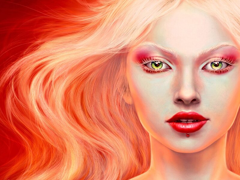 Woman with Red Hair — Dramatic, Digital Art, Green Eyes, Lip Piercing