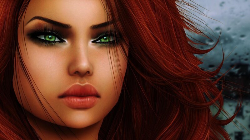 Woman with Red Hair — Dramatic, Digital Art, Green Eyes, Makeup