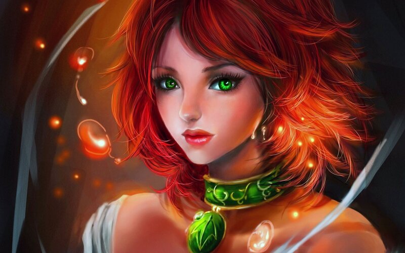 Woman with Red Hair — Dramatic, Digital Art, Green Eyes, Necklace