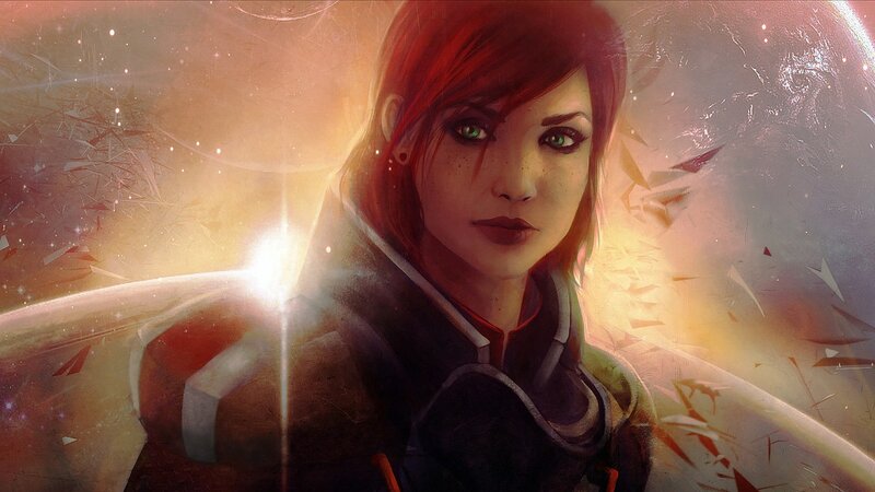 Woman with Red Hair — Dramatic, Digital Art, Green Eyes, Space Background, Shattered Glass