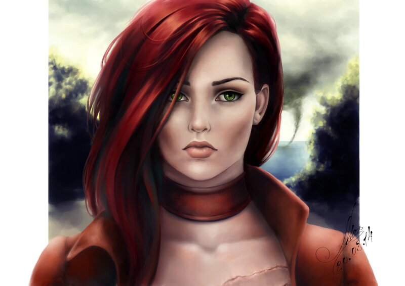 Woman with Red Hair — Dramatic, Digital Art, Green Eyes, Trees