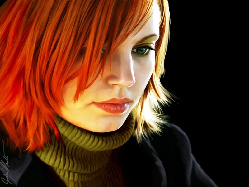 Woman with Red Hair — Dramatic, Digital Art, Green Eyes, Turtleneck