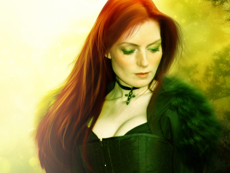 Woman with Red Hair — Dramatic, Digital Art, Green Fur