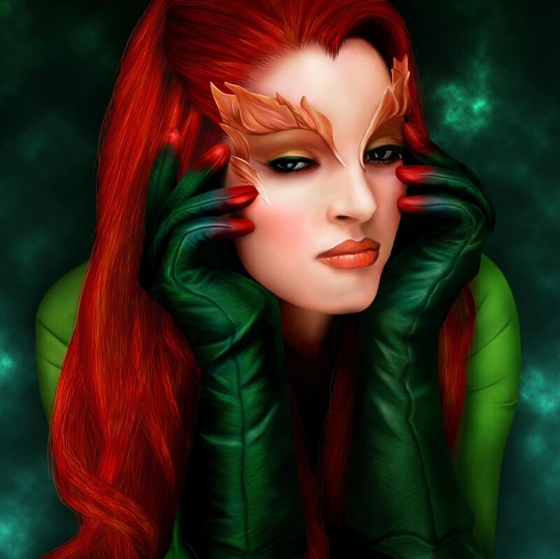 Woman with Red Hair — Dramatic, Digital Art, Green Gloves