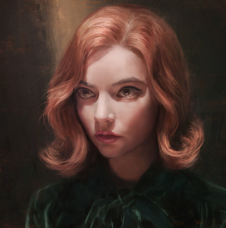 Woman with Red Hair — Dramatic, Digital Art, Green Shirt