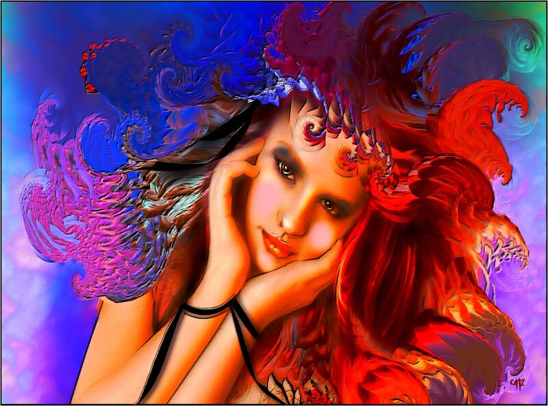 Woman with Red Hair — Dramatic, Digital Art, Hands, Face