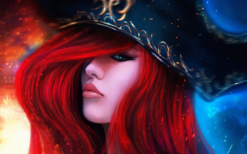 Woman with Red Hair — Dramatic, Digital Art, Hat, Fire, Blue Light