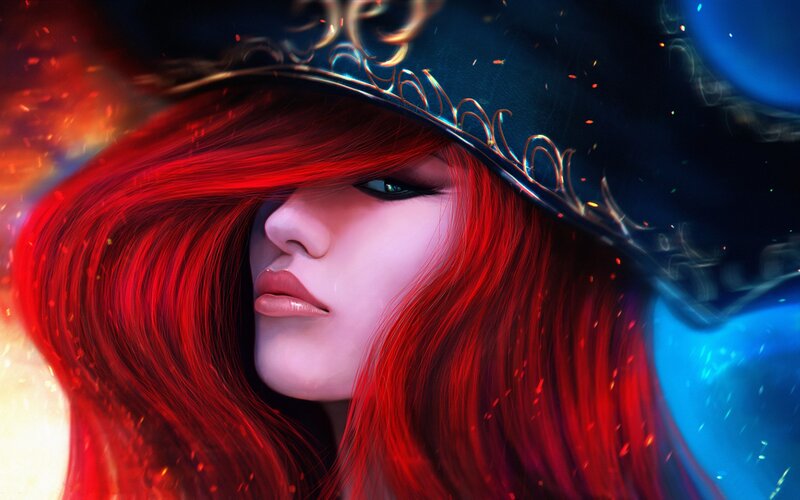 Woman with Red Hair — Dramatic, Digital Art, Hat, Fire