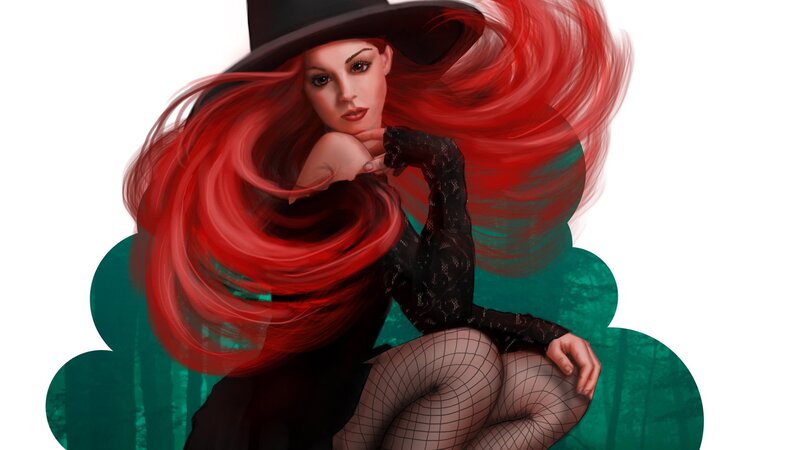 Woman with Red Hair — Dramatic, Digital Art, Hat, Fishnet Stockings, Forest