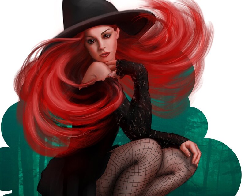 Woman with Red Hair — Dramatic, Digital Art, Hat, Fishnet Stockings