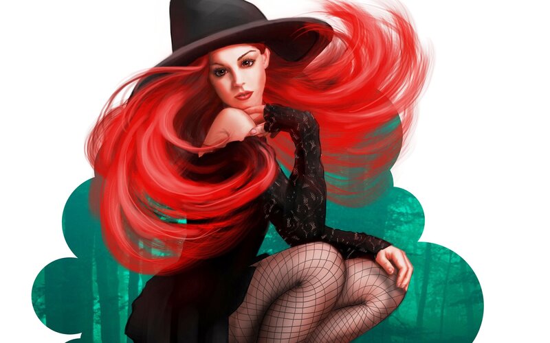 Woman with Red Hair — Dramatic, Digital Art, Hat