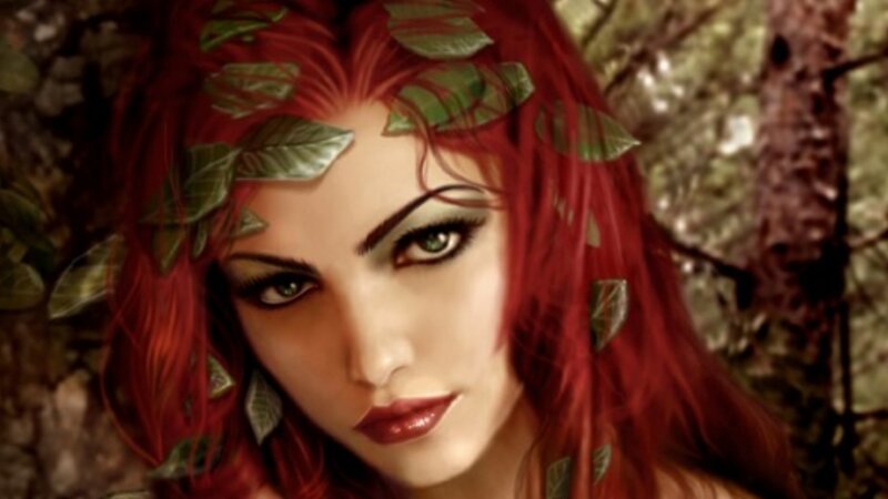 Woman with Red Hair — Dramatic, Digital Art, Leaves, Forest, Eyes