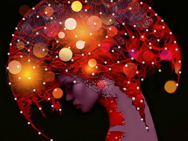 Woman with Red Hair — Dramatic, Digital Art, Light Orbs