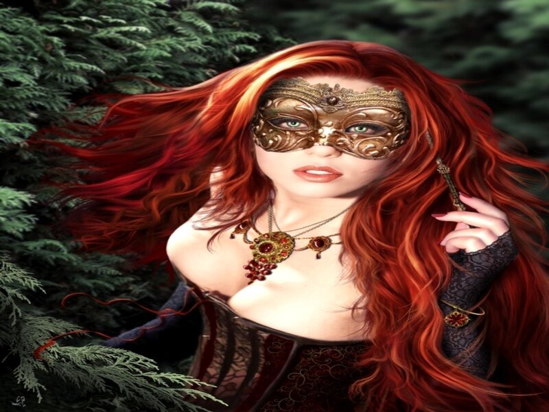 Woman with Red Hair — Dramatic, Digital Art, Mask, Corset