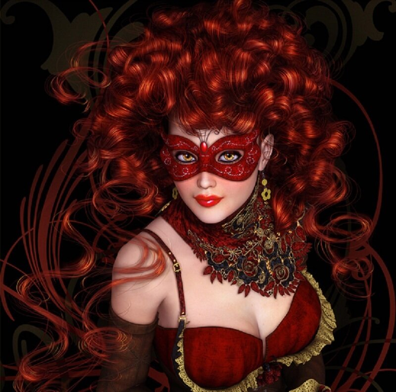 Woman with Red Hair — Dramatic, Digital Art, Mask, Curly Hair