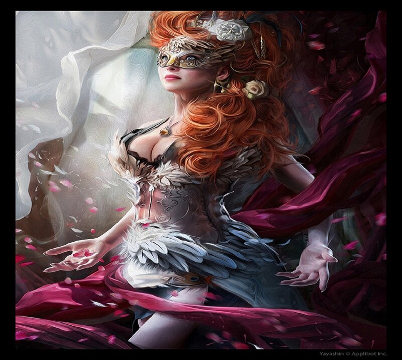 Woman with Red Hair — Dramatic, Digital Art, Mask, Feathered Corset