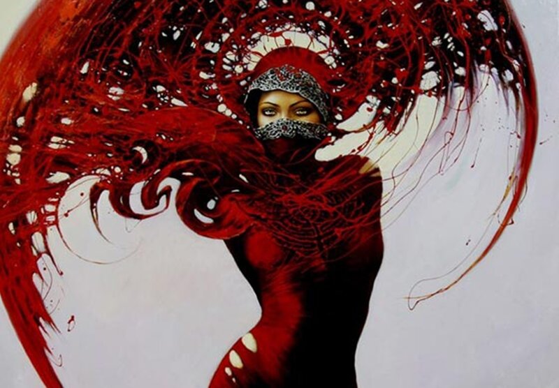 Woman with Red Hair — Dramatic, Digital Art, Mask, Headscarf