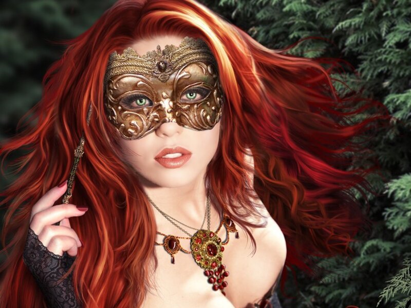 Woman with Red Hair — Dramatic, Digital Art, Mask, Necklace