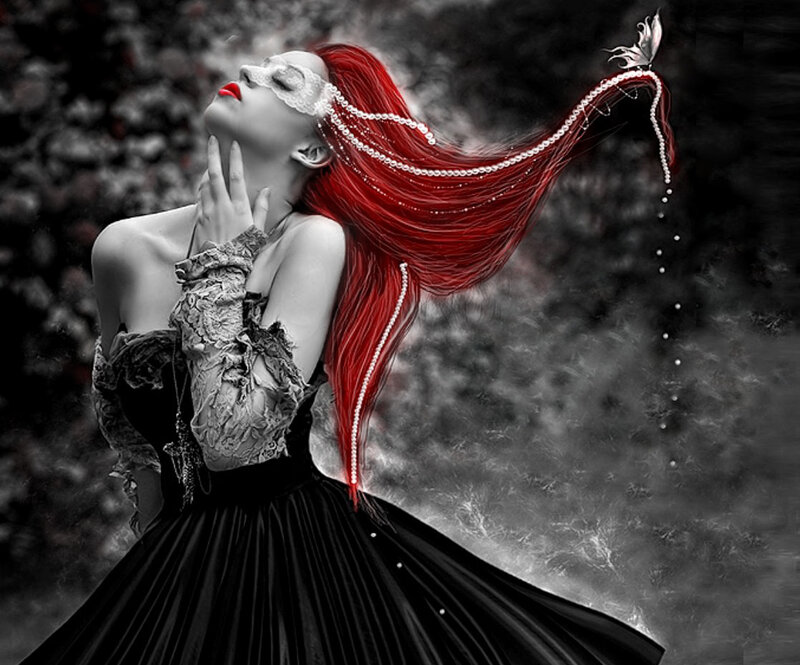 Woman with Red Hair — Dramatic, Digital Art, Mask, Pearls