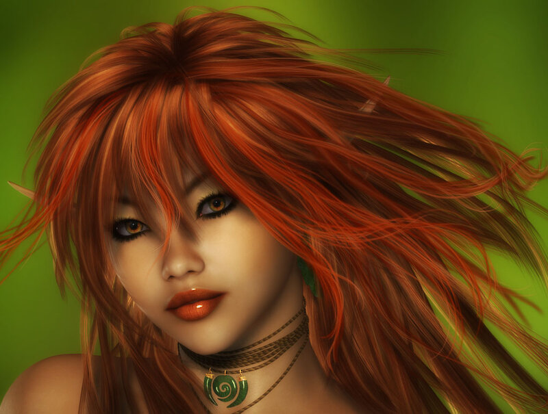 Woman with Red Hair — Dramatic, Digital Art, Necklace, Green Background