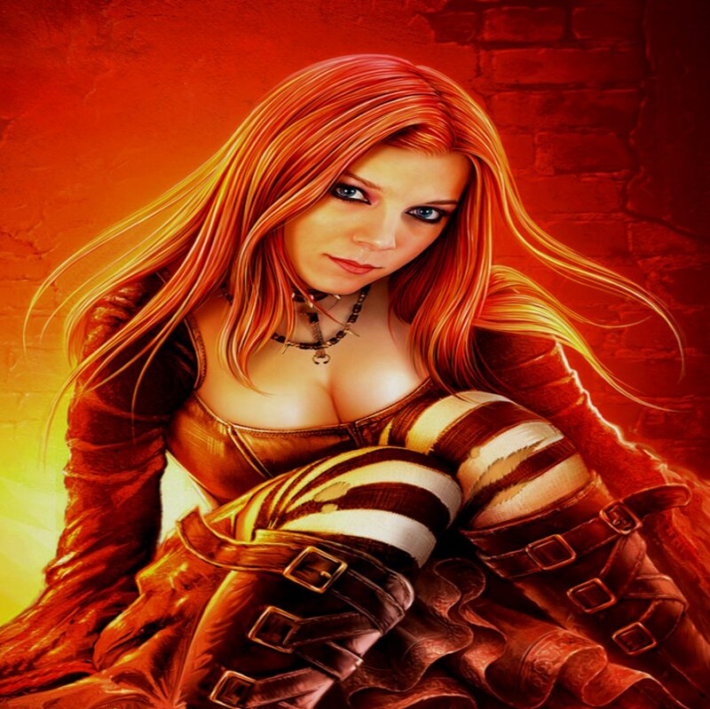 Woman with Red Hair — Dramatic, Digital Art, Necklace, Striped Sleeves
