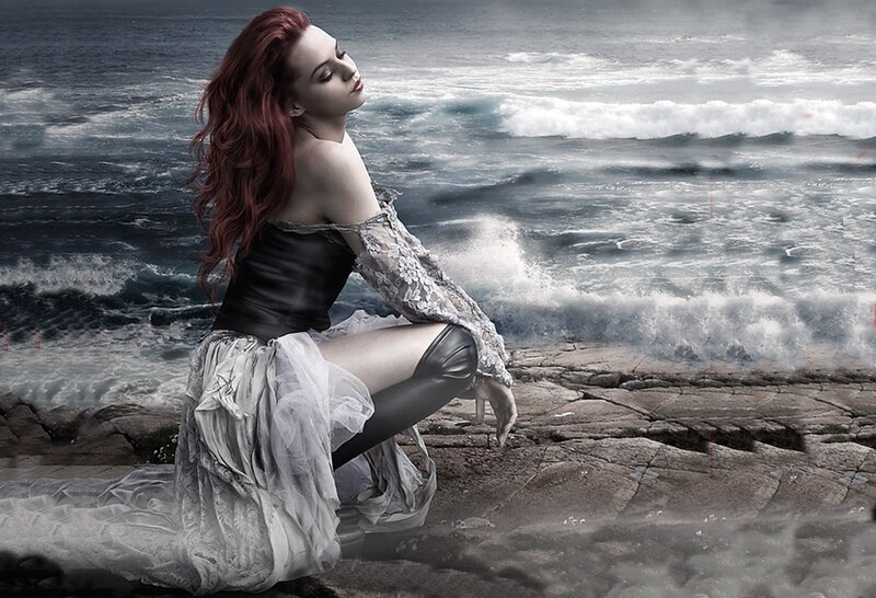 Woman with Red Hair — Dramatic, Digital Art, Ocean