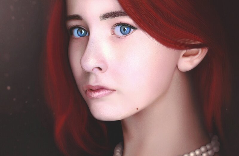 Woman with Red Hair — Dramatic, Digital Art, Pearl Necklace