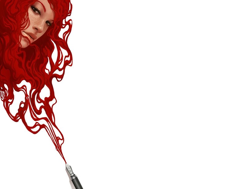 Woman with Red Hair — Dramatic, Digital Art, Pen