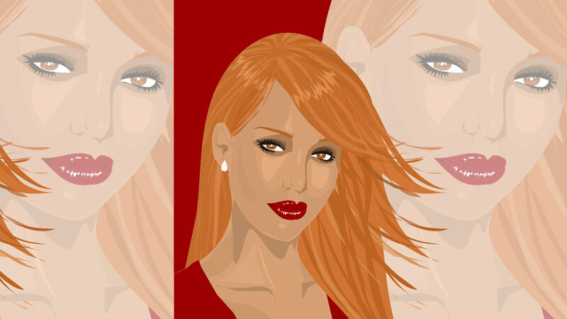 Woman with Red Hair — Dramatic, Digital Art, Red Background