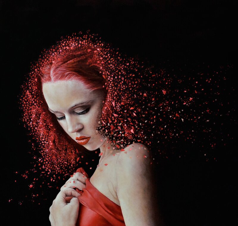 Woman with Red Hair — Dramatic, Digital Art, Red Dress, Black Background