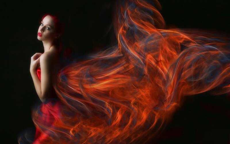Woman with Red Hair — Dramatic, Digital Art, Red Dress, Dark Background